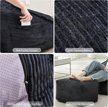 Cloud Bean Bag Chair with Ottoman for Adults, Comfy Corduroy Chaise Lounge Chair with High-Resilience Foam, Oversized Boneless Reading Chair for Bedroom & Living Room Black