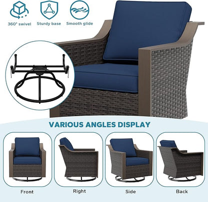 Patio Metal Wicker Swivel Chairs with Ottomans Set of 2, Conversation Furniture Set - 360 Degree Glider Rocker Chairs | 2 Wicker Ottomans, Washable Cushions, Metal armrests (Navy Blue)