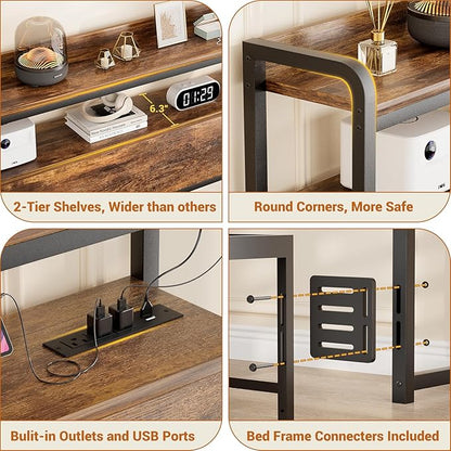 Aheaplus Headboard for Queen Size Bed Frame, Headboards with Outlets, USB Ports and LED Light, Head Board with Storage, Height Adjustable, Sturdy and Stable Headboard, Queen Size, Rustic Brown