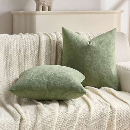 FUTEI Sage Green Velvet Throw Pillow Covers 18x18 Inch Set of 2,Soft Embossed Leaf-Relief Textured Cushion Cases,Natural Home Decor for Couch Living Room