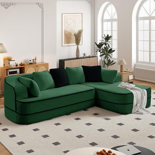 Cloud Sectional Sofa Modern Boneless Couch for Living Room, Comfy Deep Seat Comfy Teddy Fabric Double Sofa Chaise No Assembly Required (Green, 106" L Shape with Right Facing)