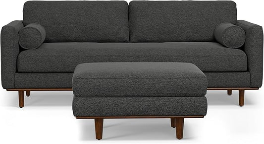 SIMPLIHOME Morrison Mid-Century Modern 89 inch Wide Sofa with Ottoman Set in Charcoal Grey Tightly Woven Performance Fabric for the Living Room and Family Room