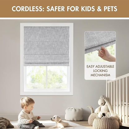 Madison Park Cordless Roman Shades, Total Blackout Window Blind Privacy Window Shades, Thermal Insulated Cordless Window Treatment for Bedroom, Living Room, Quincy, Single Panel 27"W x 64"H Light Grey