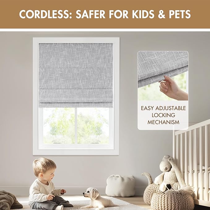 Madison Park Cordless Roman Shades, Total Blackout Window Blind Privacy Window Shades, Thermal Insulated Cordless Window Treatment for Bedroom, Living Room, Quincy, Single Panel 33"W x 64"H Light Grey