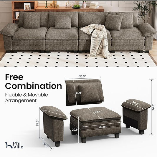 PHI VILLA Cloud Modular Couches Sets, 157.5" Sectional Sofa with Upholstered Deep Seat, 4-Seater Long Couches for Living Room Apartment, Chenille Fabric, Smoky Grey