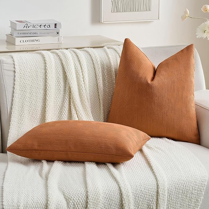 FUTEI Burnt Orange Chenille Decorative Throw Pillow Covers 16x16 Inch Set of 2,Soft Cozy Striped Geometric Patterns Cushion Case,Modern Home Decor for Couch Bed Living Room