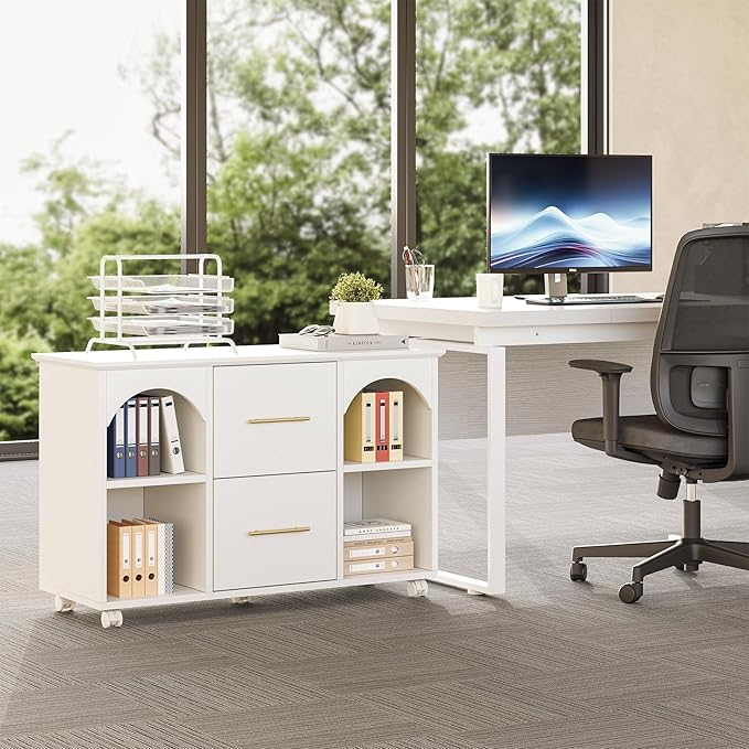 LITTLE TREE 2 Drawer Rolling File Cabinet for Home Office, 39-Inch Lateral Filing Storage Cabinet on Wheels Fits A4/Legal/Letter Size, Printer Stand with Shelves, White