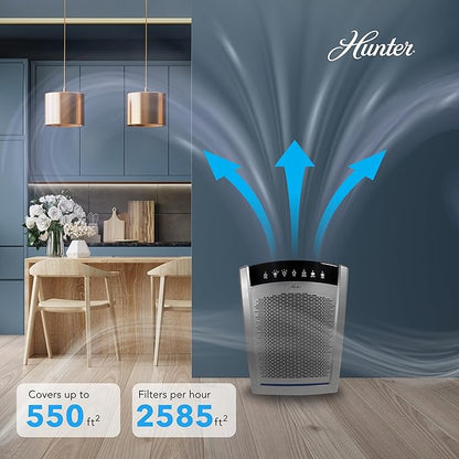 Hunter HP850 Air Purifiers for Home Large Room and Bedroom. True HEPA Air Purifier for Pets, Odors, Allergens, Smoke, Dust. UV Value Bundle w/Extra Filter, Cleans 2585 Ft² per hour. White