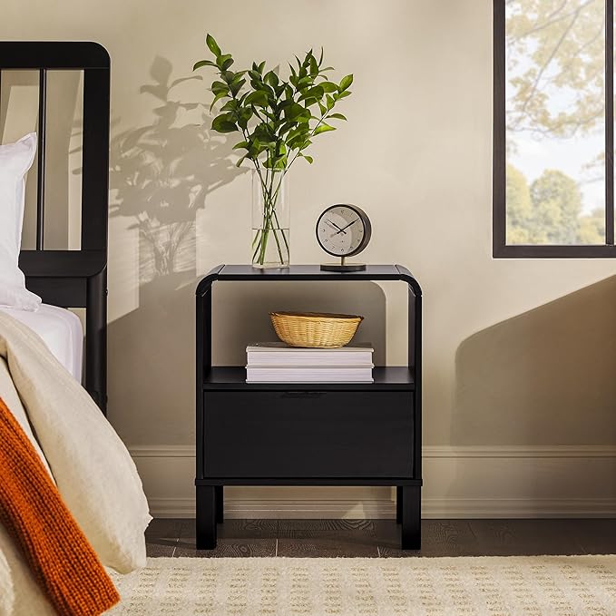 Walker Edison Modern Curved-Top Solid Wood 1-Drawer Nightstand with Open Cubby, 24 Inch, Black