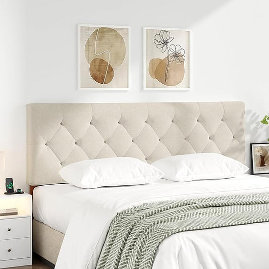 Upholstered Queen Headboard Only for Bed Frame from 49”-62”, Adjustable Height Queen Head Board with Durable Wood Legs, Bed Headboard in Modern Button Design, Beige
