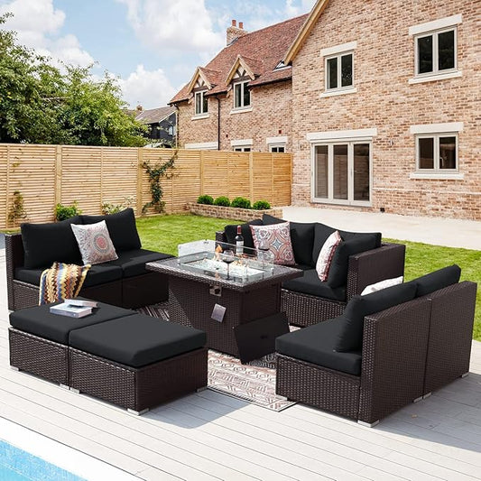 NICESOUL 9 Piece Patio Furniture Set with Fireplace Natural Gas/Propane, 29.3'' High Back Large Wicker Outdoor Sectional Sofa Sets, Deep Seat Sitting Area Backyard, Brown Rattan and Black Cushion