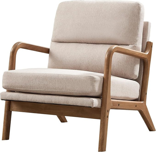 Mid Century Modern Accent Chair, Linen Fabric Upholstered Lounge Armchair with Solid Wood Frame and Soft Cushion for Living Room, Bedroom (1, Linen Beige)