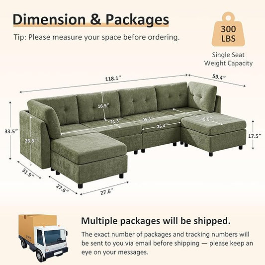 VANOMi 4 Seater Cloud Couches for Living Room with 2 Ottomans, 118" Modular Sectional Sofas & Couches, Comfy Chenille Cloud Sectional Couch Sofa for Apartment, Office, Green, U Shaped