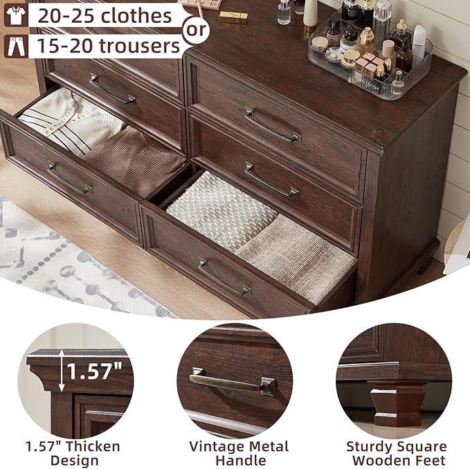 Farmhouse Bedroom Dresser and Nightstand Set of 4, 6 Drawer Tall & Low Dresser & 2 Drawer Nightstand Set, Rustic Wood Bedroom Furniture Set for Livingroom, Hallway, Walnut