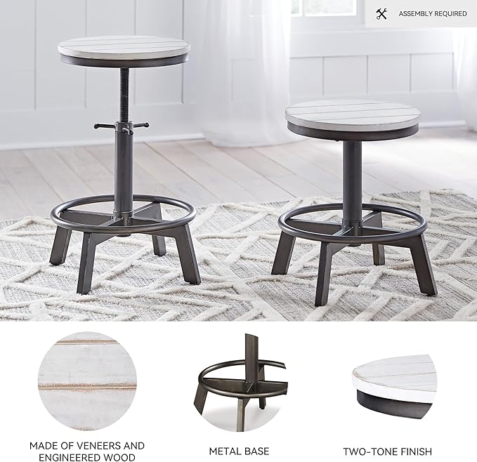 Signature Design by Ashley Torjin Industrial Adjustable Height Counter Barstool, 2 Count, White & Black