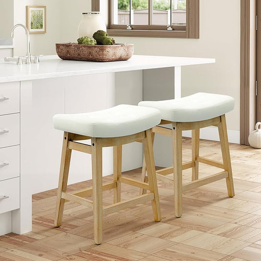 Counter Height Bar Stool for Kitchen Island Modern Barstool with Upholstered Faux Leather Backless Seat and Solid Wood Legs, 24 inch Farmhouse Bar Chair, White
