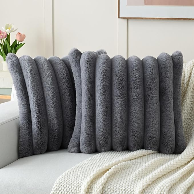 FUTEI Grey Decorative Throw Pillow Covers 16x16 Inch Set of 2, Square Soft Faux Rabbit Fur Thick Striped Cushion Cover,Winter Home Decor for Couch Bed Living Room