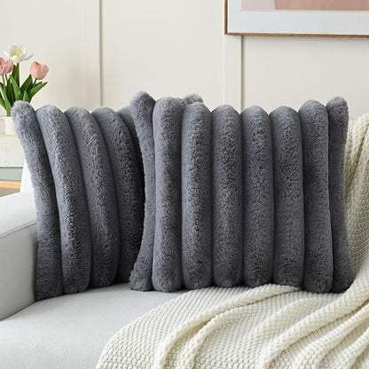 FUTEI Grey Decorative Throw Pillow Covers 26x26 Inch Set of 2, Square Soft Faux Rabbit Fur Thick Striped Euro Pillow Shams,Winter Home Decor for Couch Bed Living Room