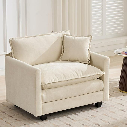 Aoowow Chenille Upholstered Accent Chair Oversized,Fluffy Single Cloud Sofa Chairs with Deep Seat,Modern Large Reading Arm Chair with Throw Pillow for Living Room,Bedroom (Beige, Single Sofa Chair)