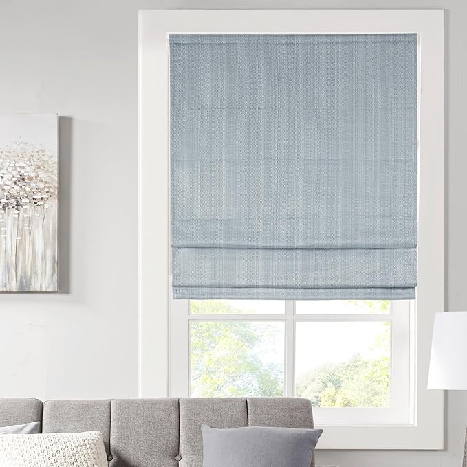 Madison Park Galen Cordless Roman Shade, 27"W x 64"H, Sheen Blue – Room Darkening, Thermal Insulated, Energy Efficient Window Blind with Subtle Sheen Basketweave Fabric for Privacy
