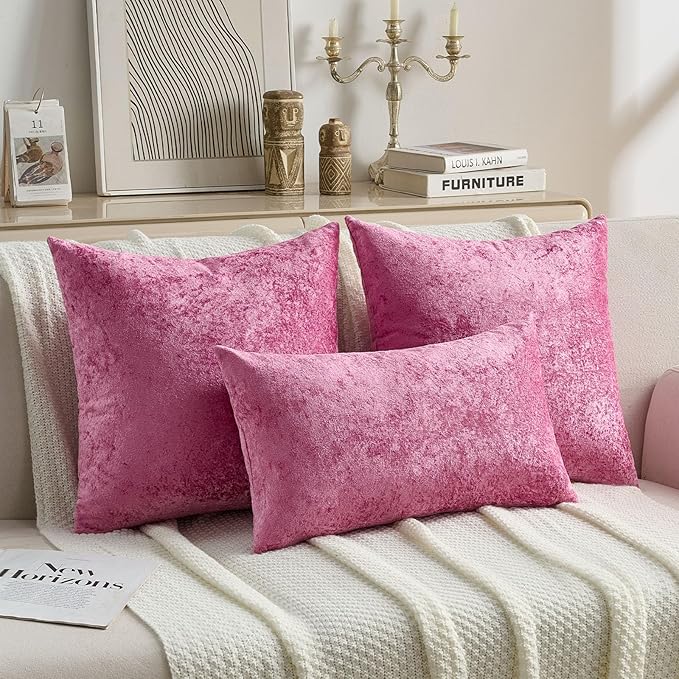 FUTEI Hot Pink Flannel Throw Pillow Covers 16x16 Inch Set of 2,Soft Dimensional Textured Cushion Cases,Modern Home Decor for Couch Living Room