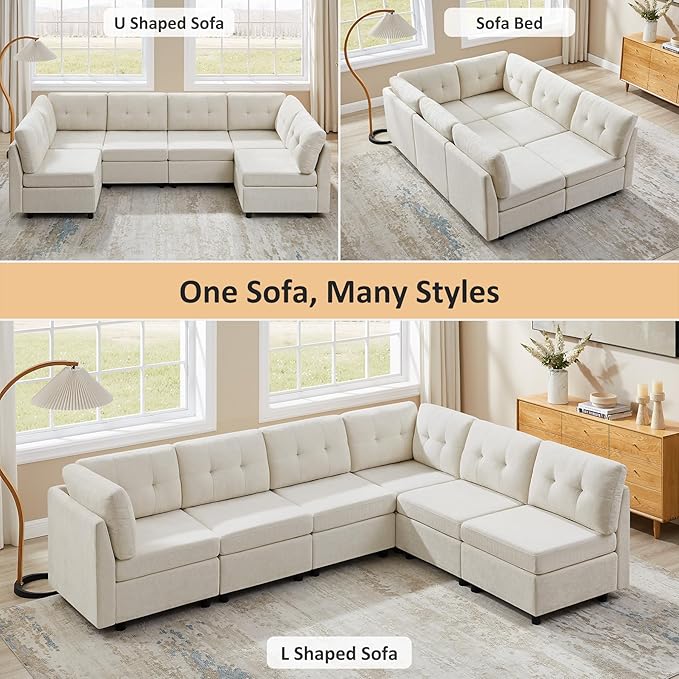 VANOMi 6 Seater Sectional Couches for Living Room, 118" Convertible Modular Cloud Sofa, Comfy Chenille Sofas & Couches for Living Room, Apartment, Office, Beige, L/U Shaped