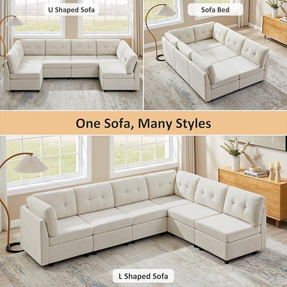 VANOMi 6 Seater Sectional Couches for Living Room, 118" Convertible Modular Cloud Sofa, Comfy Chenille Sofas & Couches for Living Room, Apartment, Office, Beige, L/U Shaped