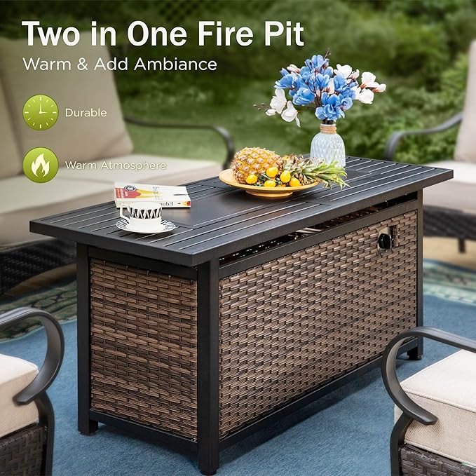 PHI VILLA Patio Furniture Set with 56" Fire Pit Table, Premium Outdoor Wicker Metal Frame Furniture with Upgraded Waterproof Thick Cushions for Porch, Poolside, Deck, and Yard（5 Pieces, Beige