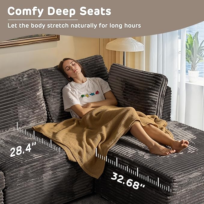 130'' Modern Modular Sectional Sofa with Movable Ottoman,5 Seats Cloud Comfort Corduroy Fluffy Couch,L Shaped Convertible Sofa Couch for Living Room,Grey