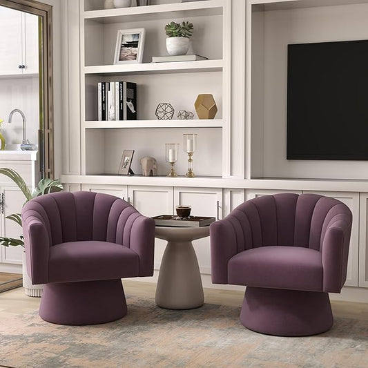 Swivel Accent Chair Set of 2, Upholstered Velvet 360° Swivel Barrel Chair for Living Room Overstuffed Bouncle Reading Chair Round Armchair for Bedroom,Vanity,Office (Purple)
