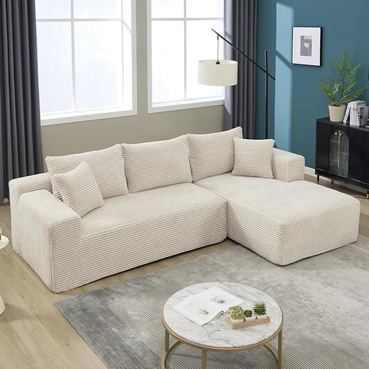 PELUMY 108.7" L-Shaped Modular Sectional Sofa with Oversized Chaise, Cloud Couch with Memory Foam, No Assembly Required Sleeper Sofa for Small Space Living Room, Apartment (Beige, Corduroy)