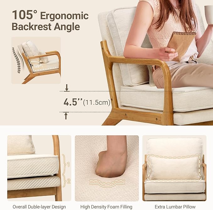 Modern Accent Chair with Lumbar Pillow, Relaxing Mid Century Chair Armchair with Solid Wood Frame & Soft Cushion, Reading Leisure Armchair for Living Room, Beige