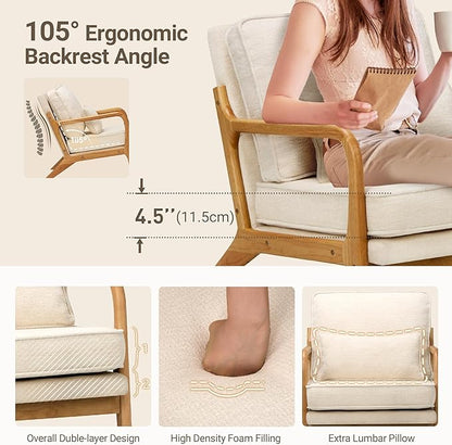 Modern Accent Chair Set of 2 with Lumbar Pillow, Relaxing Mid Century Chair Armchair with Solid Wood Frame & Soft Cushion, Reading Leisure Armchair for Living Room, Beige