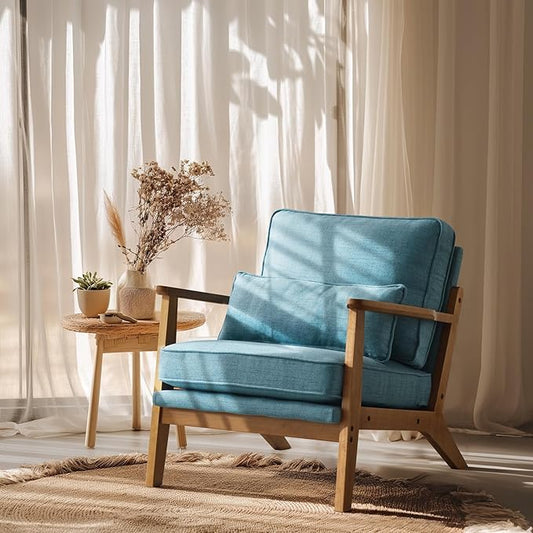 VINGLI Solid Wood Wide Armrests Accent Chair,Upholstered Mid Century Modern Chair with Pillow,Comfy Reading Chair Farmhouse Arm Chair,Chairs Living Room,Bedroom,Guest Room,Linen Fabric,Navy Blue