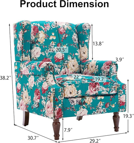 High Back Floral Accent Chair - Retro Wingback Upholstered Armchair with Nailhead Trim, Solid Wood Legs, Fabric Living Room Bedroom Reading Chair (Peacock Blue)