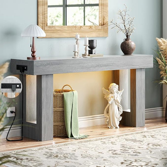 Unikito 63'' Farmhouse Console Table with Power Outlets and Sensor Light, Wooden Entryway Table with Storage, Rectangular Sofa Tables Behind The Couch for Entrance, Hallway, Living Room, White Oak