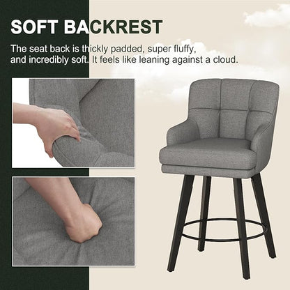 360°Swivel Counter Height Bar Stools with Back, 26 inch Solid Wood Legs, Bar Stool Modern Kitchen Island Chairs, Fabric (Mid-Grey- Fabric, 26" H- Set of 1)