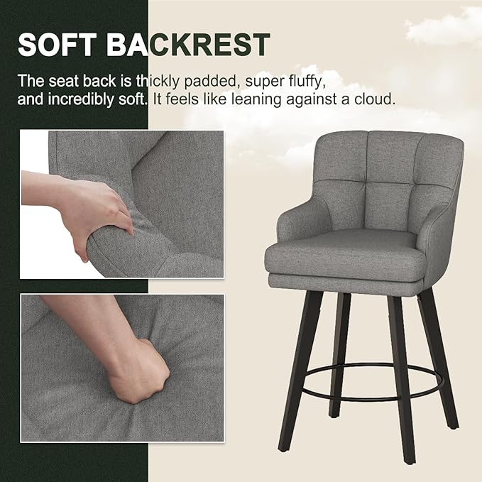 360°Swivel Counter Height Bar Stools with Back, 26 inch Solid Wood Legs, Bar Stool Modern Kitchen Island Chairs, Fabric (Mid-Grey- Fabric, 26" H- Set of 4)