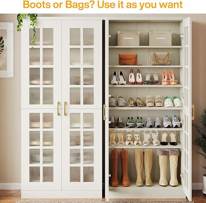 Tribesigns 70-Inch Tall Shoe Cabinet with Doors, 8-Tier Shoe Storage with Adjustable Shelves, Modern Shoe Organizer Shoe Rack Cabinet for Entryway, Hallway, Closet, Living Room, White and Gold