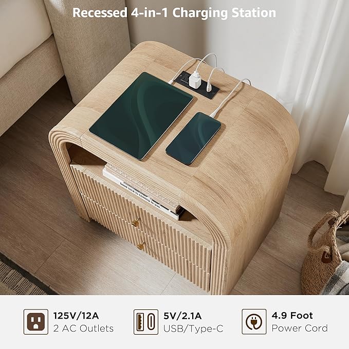 T4TREAM 24" Fluted Nightstand Set of 2, Large 2 Drawers Bedside Table with Charging Station, Modern End Table with Storage Night Stand for Bedroom, Living Room, Round Curved Corner Design, Natural Oak