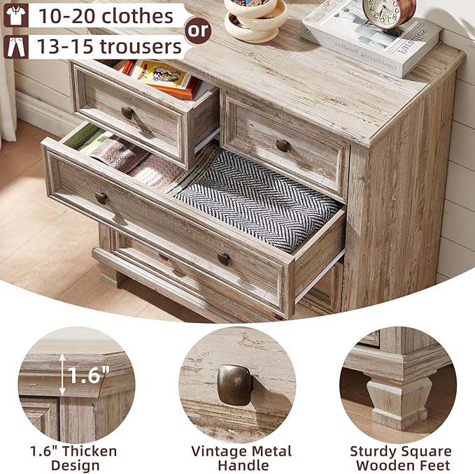 Farmhouse Bedroom Dresser and Nightstand Set of 4, 6 Drawer Low & 5 Drawers Dresser & 2 Drawer Nightstand Set, Rustic Wood Bedroom Furniture Set for Livingroom, Hallway, Grey
