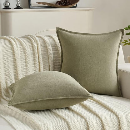 FUTEI Olive Green Chenille Throw Pillow Covers 26x26 Inch Set of 2,Edges Double-Stitched Euro Pillow Shams,Modern Home Decor for Couch Living Room