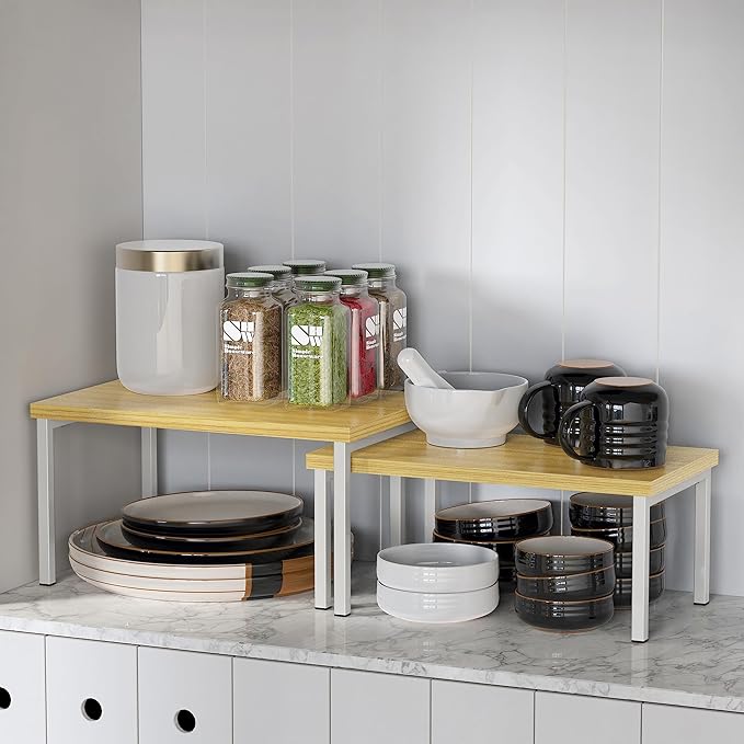 Simple Houseware Wooden Top Expandable Stackable Kitchen Cabinet and Counter Shelf Organizer, Oak