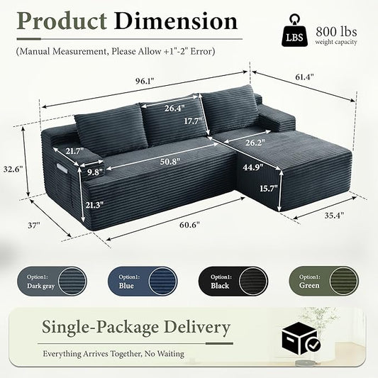 96''Sectional Couches for Living Room,Modern Modular Sectional Sofa,Upholstered Boneless Couch with Pockets,Comfy Cloud Couch with L Shaped Chaise (Dark Grey, 96''W Right Facing Chaise)
