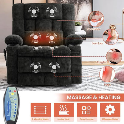 Power Lift Recliner Chair for Adults Oversized Infinite Position Lift Chair for Elderly W/Massage & Heat, Lay Flat Recliner, One-Touch Reset, Cup Holders, Lumbar Pillow, Fabric (Premium, Dark Grey)