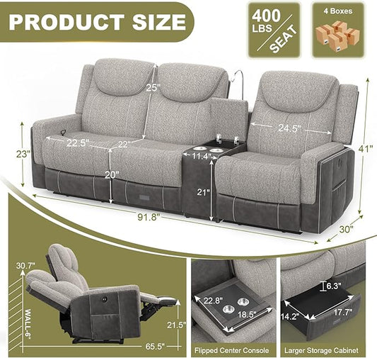Recliner Sofa, 2 - Way Multi - Function Manual 3 Seater Couch with Cup Holders, Storage & USB Ports, Modern Multifunctional Sofa, Grey Linen & Leather Reclining Couch for Living Room