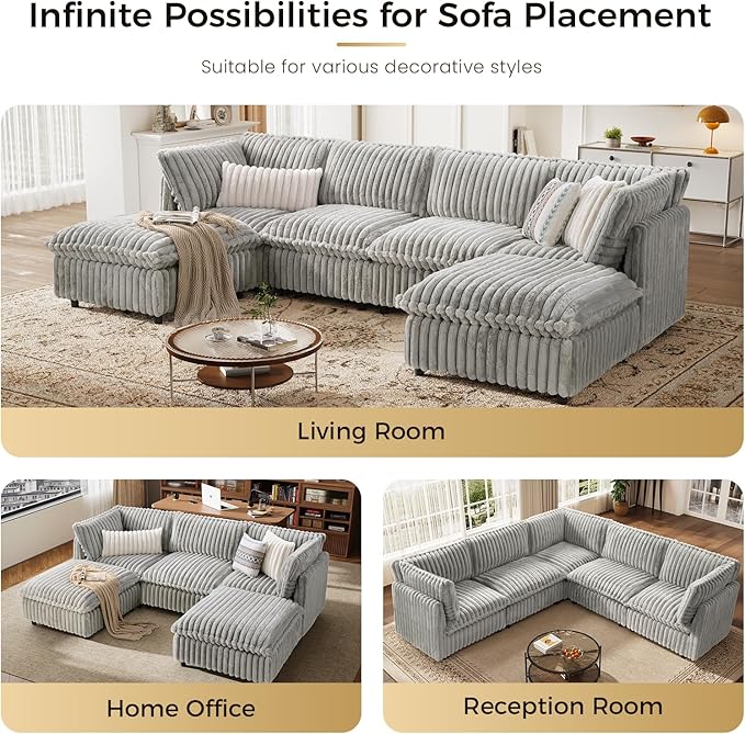 KKL Modular Sectional Couch for Living Room, U Shaped Corduroy Couches with 2 Ottomans, 6 Seater Oversized Sofa Convertible to Sleeper, Soft Fabric Modern Sofa, Grey