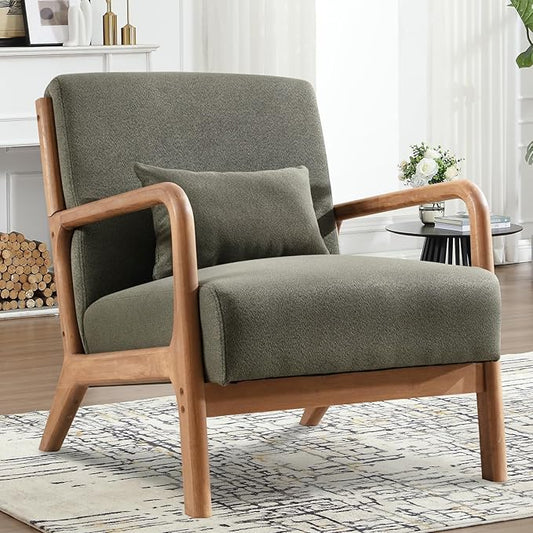 Accent Chair Mid Century Modern Chair Linen Fabric Living Room Chairs with Solid Wood Frame Comfy Upholstered and Lumbar Pillow Reading Side Chair Easy Assembly for Bedroom Room (1, Linen Green)