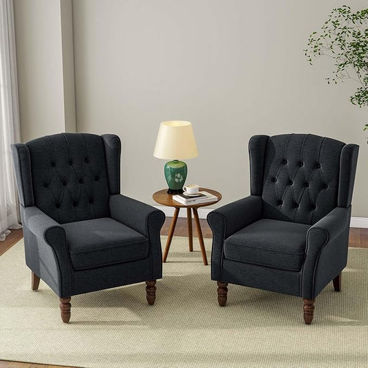 Accent Chair, Upholstered Armchair with Button Tufted High Back & Solid Wood Legs, Comfy Wingback Reading Single Sofa Chair for Small Spaces, Living Room, Bedroom (Blue, Set of 2)
