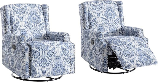 UIXE Swivel Rocker Manual Recliner Chairs Set of 2, Wingback Swivel Glider Fabric Nursery Reclining Sofa Chair, High Back Upholstered Arm Chair for Living Room Bedroom - Navy Floral